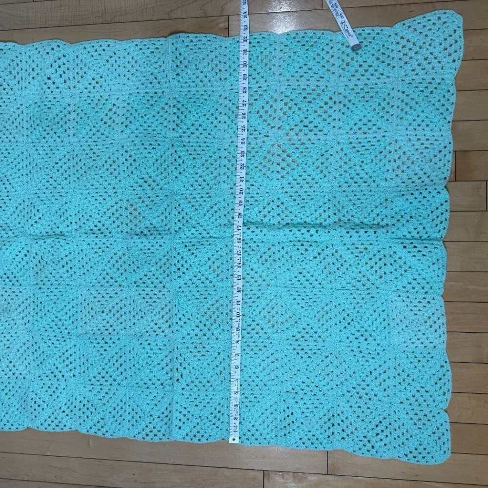 Vintage Handknit Crochet Mint Green Baby Blanket Stroller Crib Open Knit